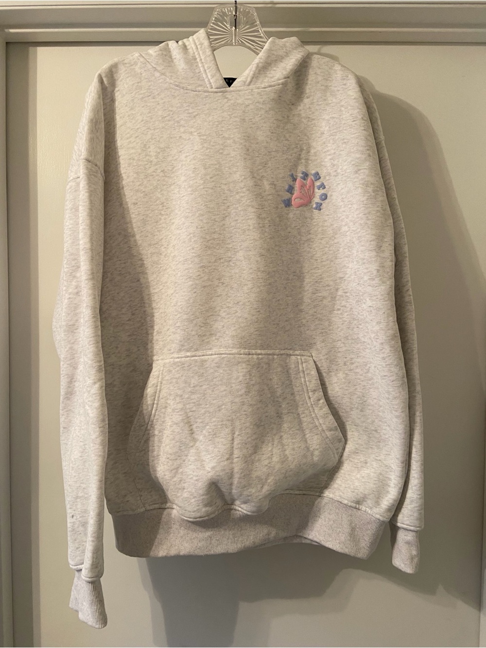 White Fox Boutique Light Gray Pullover Hoodie with Pink/Blue Heart Graphic